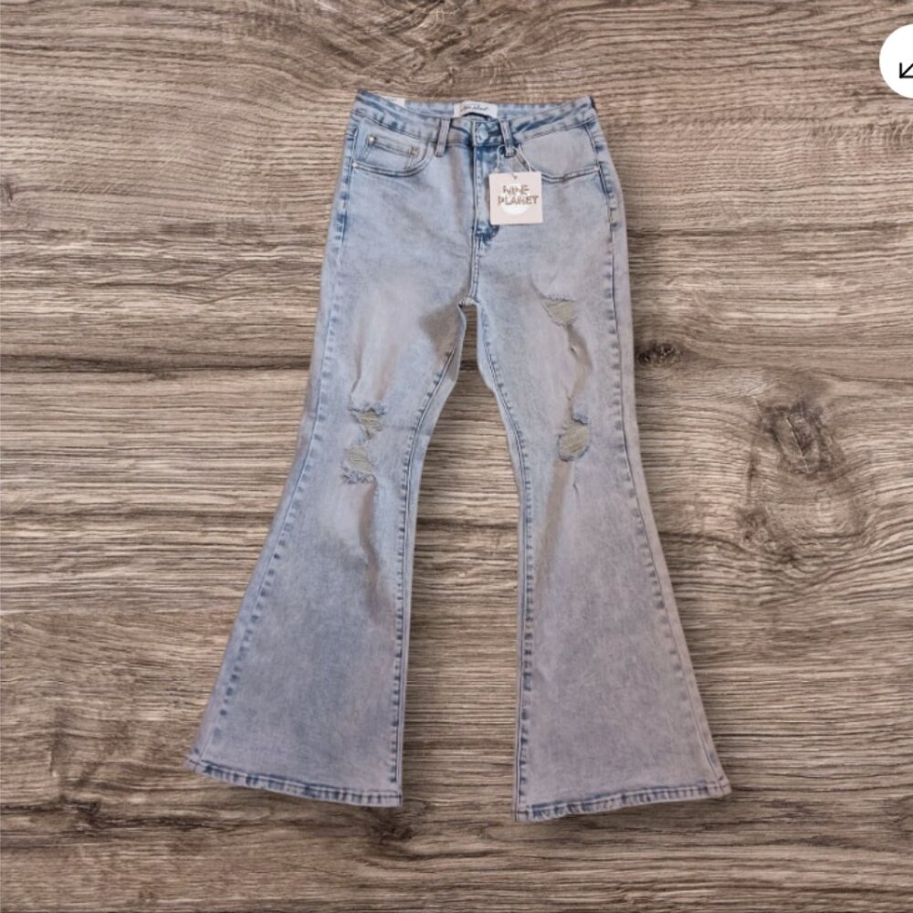 Nine Planet Women High Rise Flare Distressed Light Wash Stretch Jeans Sz 7 / W28